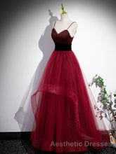 Wine Red Straps Beaded Sweetheart Tulle Formal Dresses, Wine Red A-Line Evening Prom Dresses